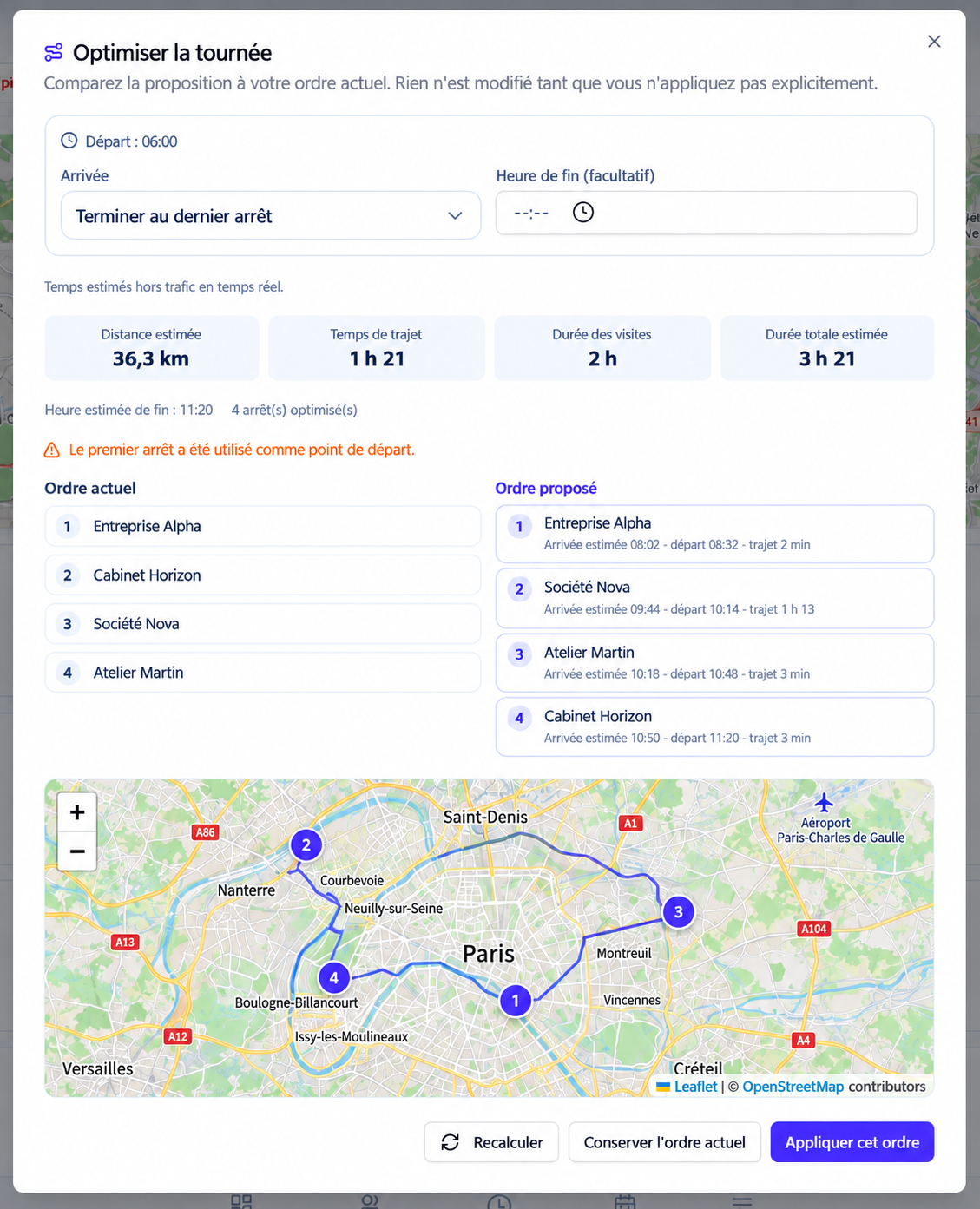 Optimisation d'une tournée commerciale dans RDVCity
