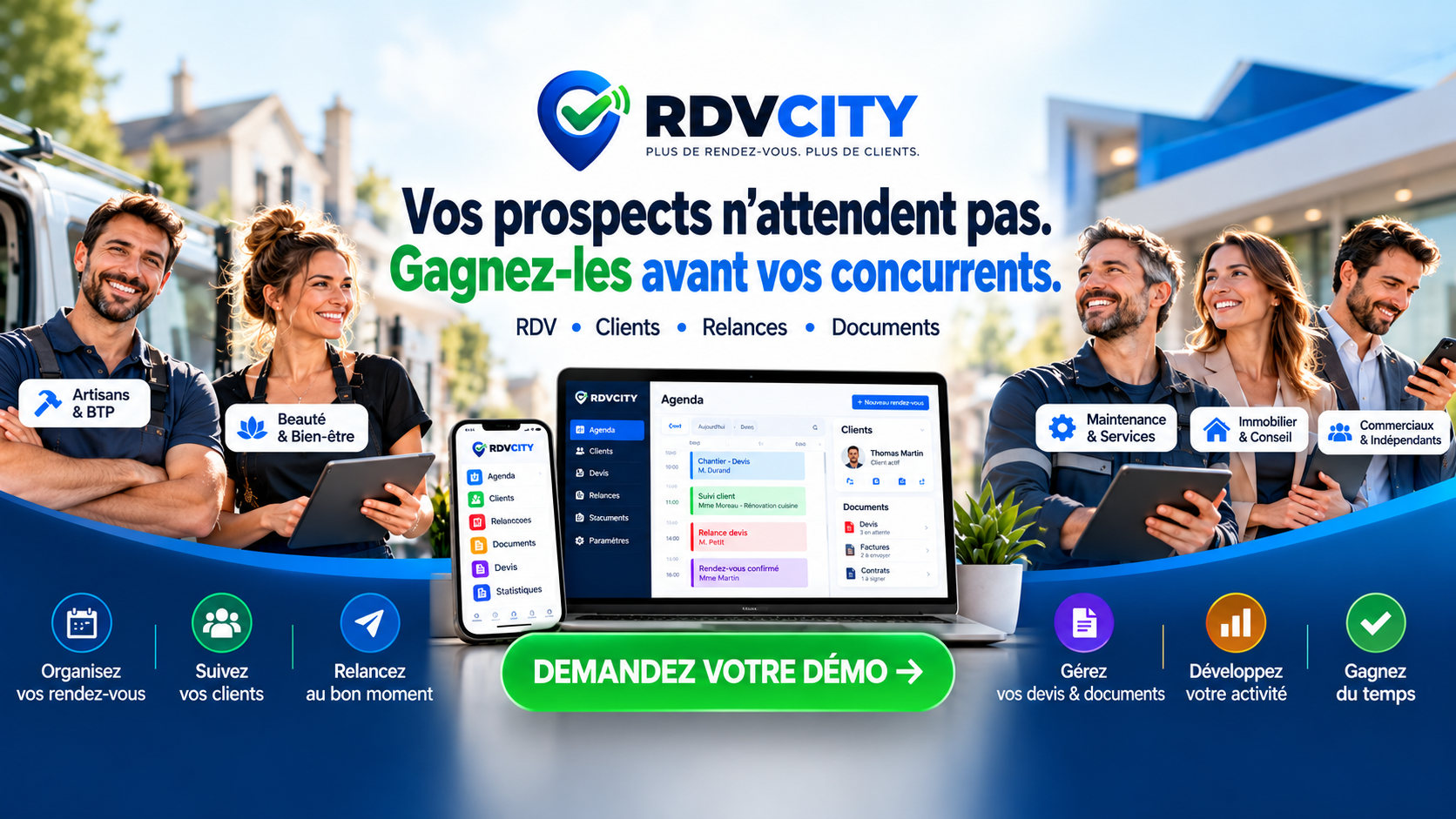 RDVCity — Vos prospects n'attendent pas. Gagnez-les avant vos concurrents. Demandez votre démo.
